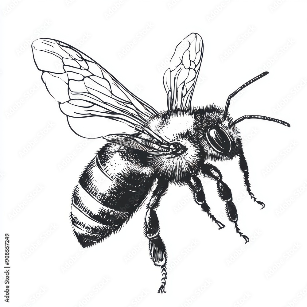 Obraz premium Black and white Vintage engraved art of a honeybee isolated on white background, ink sketch illustration, simple vector art design, highly detailed line art, high contrasty