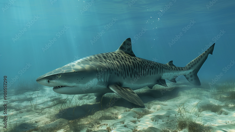 Fototapeta premium Serene and Formidable Tiger Shark in Subtle Light