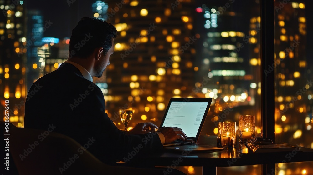 Silhouette of Man Working on Laptop with City Lights in Background Silhouette of Man Working on Laptop with City Lights in Background