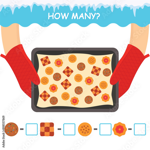 Educational game for children. How many? Christmas cookies. Print sheet. Teaching counting to preschool children. Vector illustration