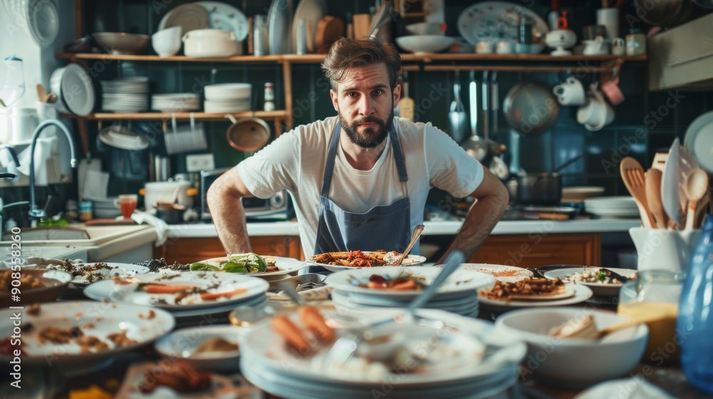 A man stands in front of a table full of dirty plates and utensils A man stands in front of a table full of dirty plates and utensils