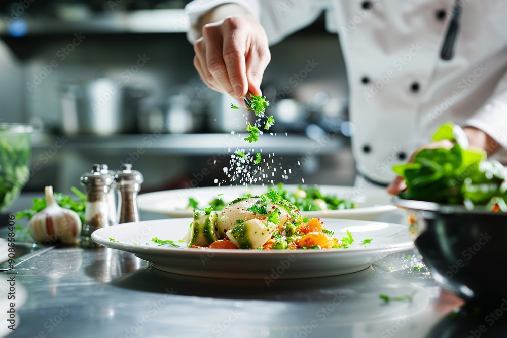 A chef expertly garnishes a beautifully plated dish with fresh herbs, showcasing culinary skill in a busy restaurant kitchen environment