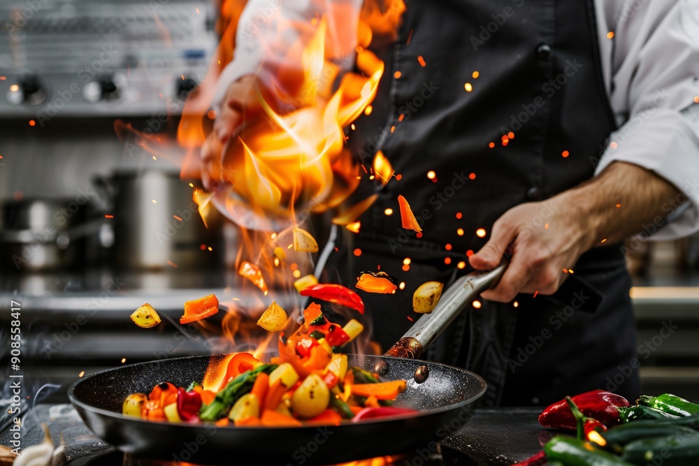 A chef skillfully sautéing diced vegetables, creating a vibrant display of flames and colors in a bustling restaurant kitchen during the evening rush A chef skillfully sautéing diced vegetables, creating a vibrant display of flames and colors in a bustling restaurant kitchen during the evening rush