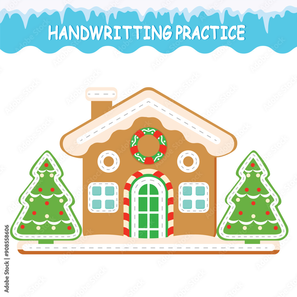 Fototapeta premium Game for children. Handwriting practice. Trace the lines of the cute Gingerbread house. Printable sheet. Vector illustration