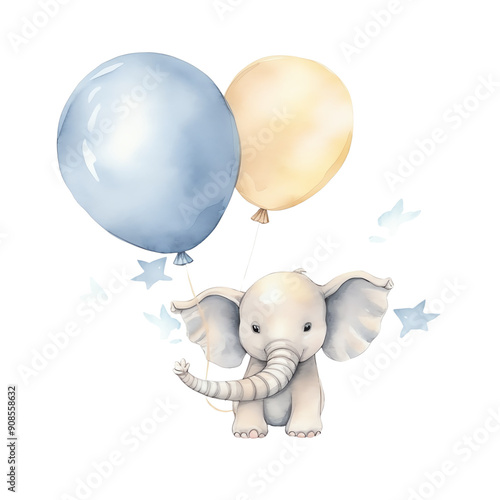 Adorable cartoon baby elephant holding balloons, surrounded by birds. Perfect for children's decor, baby shower invitations, and nursery art.