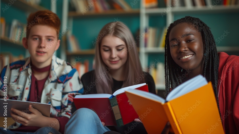 Group of young students are enjoying reading a book together in their classroom. They are laughing and having fun while they learn in the school Group of young students are enjoying reading a book together in their classroom. They are laughing and having fun while they learn in the school