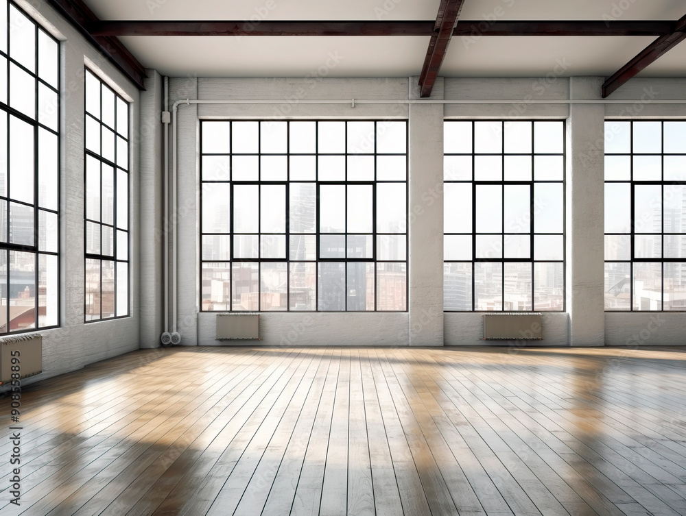 An empty loft room with large windows, wooden floor, and urban view, light. Generative AI An empty loft room with large windows, wooden floor, and urban view, light. Generative AI