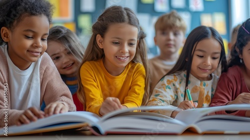 Diverse group of kids happily reading colorful books in school library, showcasing childhood curiosity and joy of learning