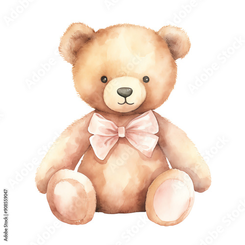 Adorable watercolor teddy bear illustration with a pink bow, perfect for nursery decor and children's designs.