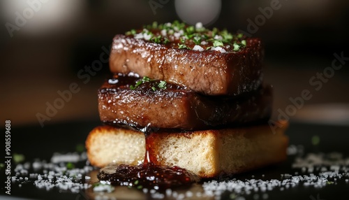 Close-up of a gourmet dish with seared foie gras, sauce and garnish on a plate.