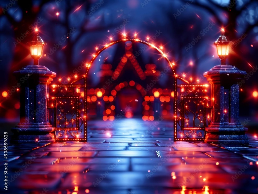 A glowing archway in a dark forest, illuminated with red lights. The pathway is wet and reflective. A glowing archway in a dark forest, illuminated with red lights. The pathway is wet and reflective.