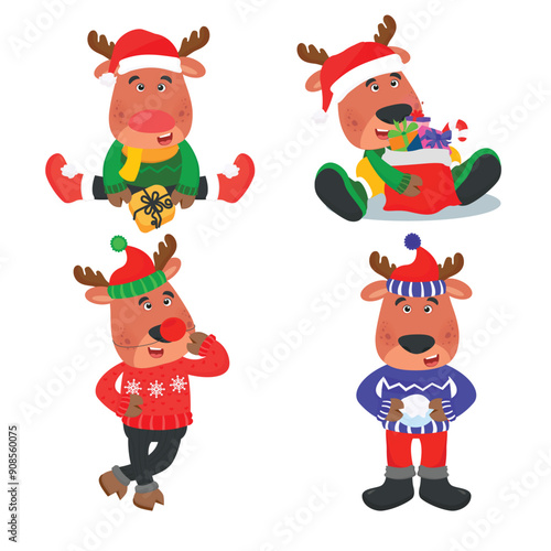 Vector illustration of isolated Christmas cute deer on white background, clipart, design, decoration, poster, banner, applique, sticker