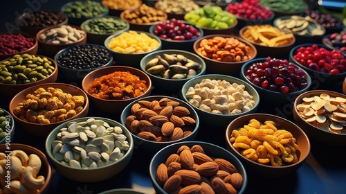 Assorted nuts on a colorful surface pistachios 