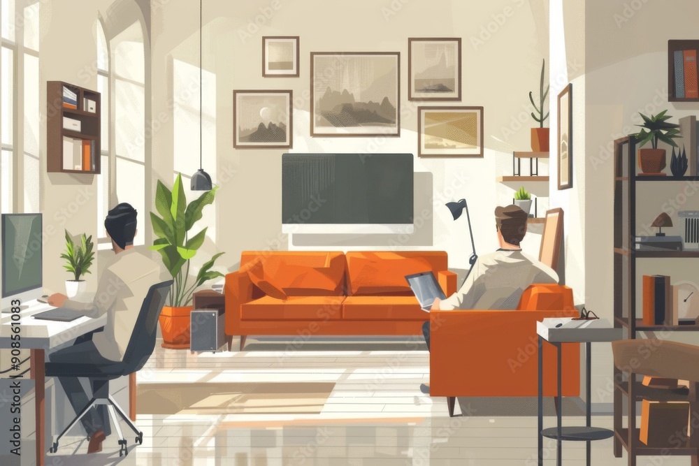 Fototapeta premium Two Men Relaxing in a Modern Apartment