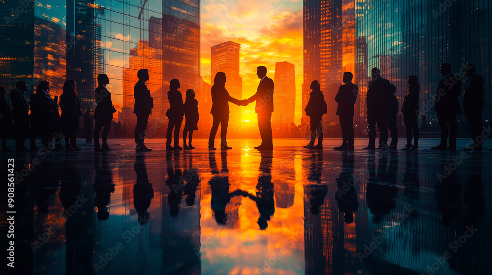 Silhouettes in the City. Silhouettes of business people in a cityscape during a fiery sunset, reflecting on the glossy floor. Silhouettes in the City. Silhouettes of business people in a cityscape during a fiery sunset, reflecting on the glossy floor.