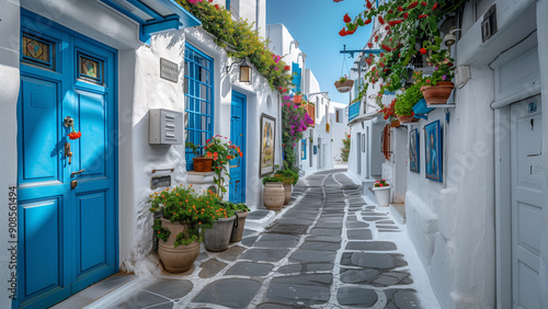 Fototapeta Naklejka Na Ścianę i Meble -  Charming Mykonos Street with White Walls and Blue Doors