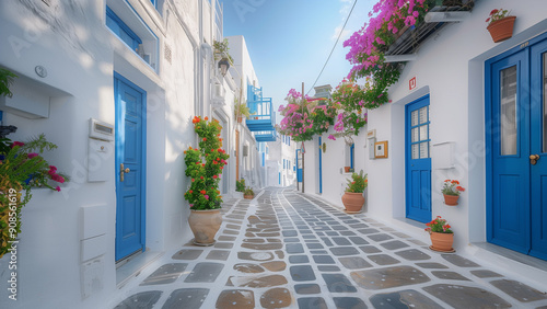 Fototapeta Naklejka Na Ścianę i Meble -  Charming Mykonos Street with White Walls and Blue Doors