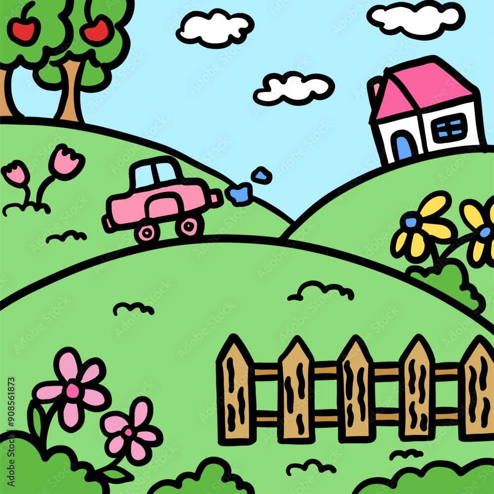 Hand drawn farm house with flowers, car, apple tree, blue sky for landscape background, wallpaper, backdrop, post card, family trip, vacation, travel, souvenir shop, park, outdoor, nature, garden Hand drawn farm house with flowers, car, apple tree, blue sky for landscape background, wallpaper, backdrop, post card, family trip, vacation, travel, souvenir shop, park, outdoor, nature, garden
