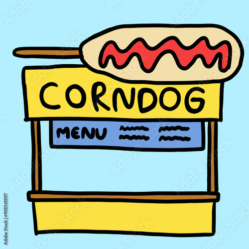 Hand drawn corndog sausage food stall for amusement park, theme park, street food, Asian snack, circus, food business, cute patches, family trip, travel, vacation, holidays, weekend, park, outdoor photo