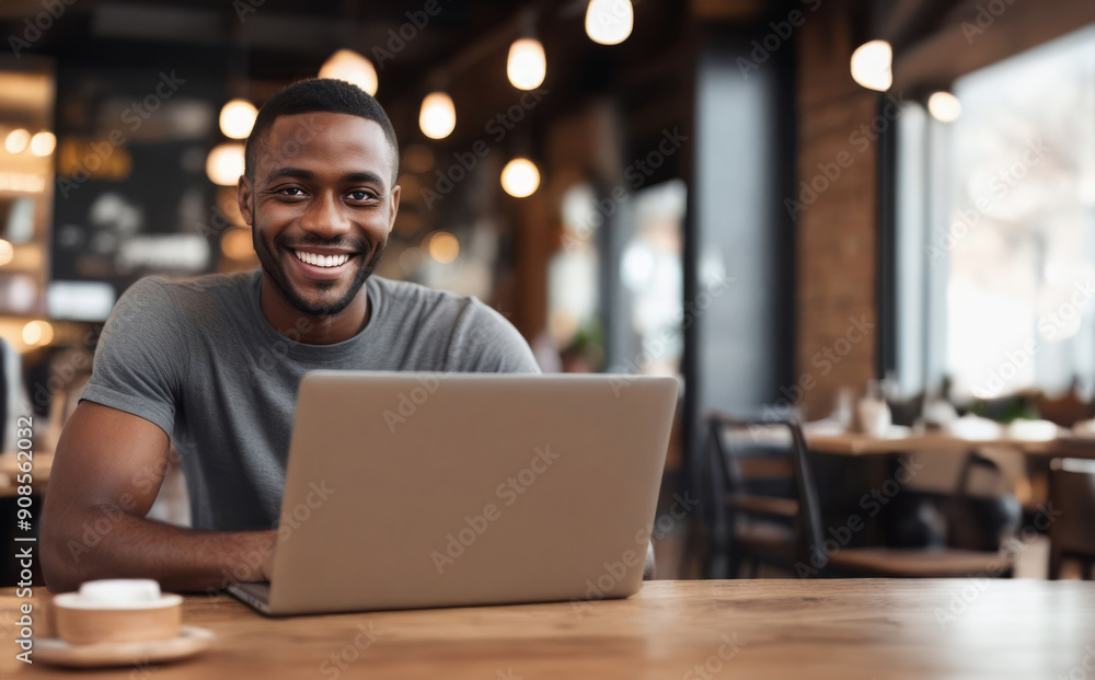 smiling african american man with laptop in cafe background smiling african american man with laptop in cafe background