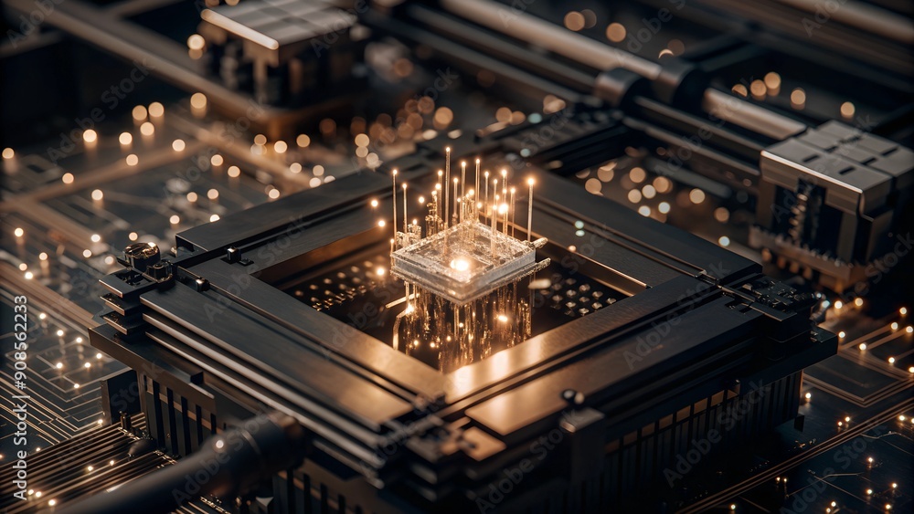 Close-Up of Quantum Computer's Intricate Circuits and Cooling System with Glowing Quantum Bits - Highlighting Cutting-Edge Technology Close-Up of Quantum Computer's Intricate Circuits and Cooling System with Glowing Quantum Bits - Highlighting Cutting-Edge Technology