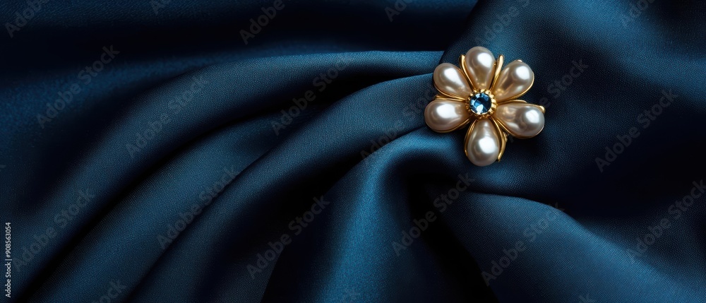 Elegant pearl flower brooch on blue silk fabric Elegant pearl flower brooch on blue silk fabric
