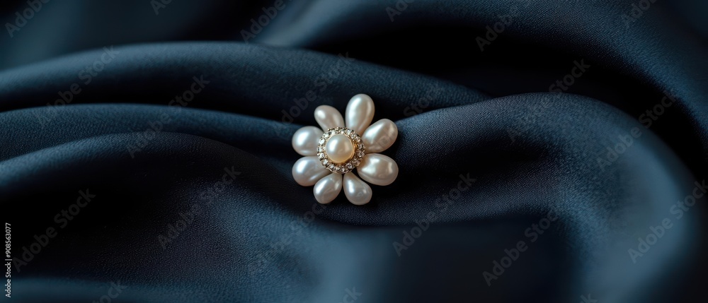 Elegant pearl brooch on dark blue fabric. Elegant pearl brooch on dark blue fabric.