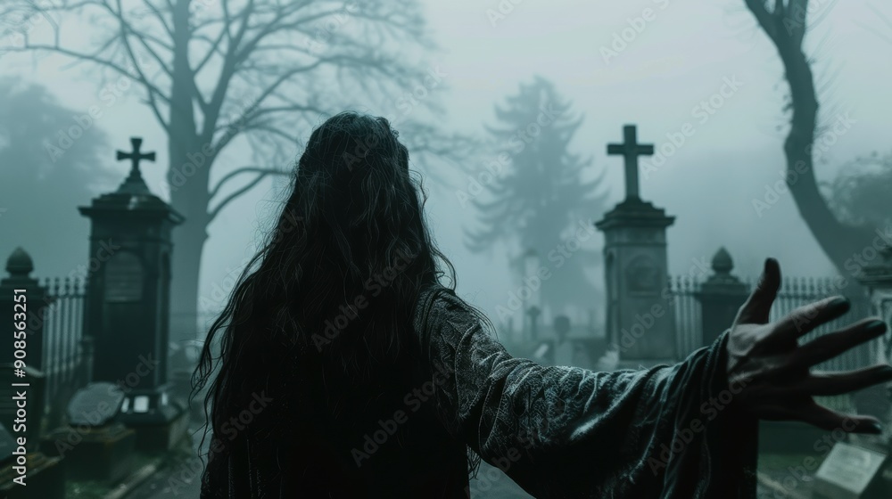 A mysterious figure with outstretched hand stands in a foggy graveyard, surrounded by tombstones and eerie atmosphere. A mysterious figure with outstretched hand stands in a foggy graveyard, surrounded by tombstones and eerie atmosphere.
