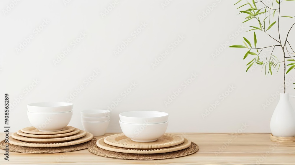 Bamboo dining table with eco-friendly dinnerware, eco-friendly furniture, sustainable dining Bamboo dining table with eco-friendly dinnerware, eco-friendly furniture, sustainable dining
