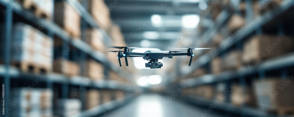 Drone flying through a warehouse aisle Drone flying through a warehouse aisle
