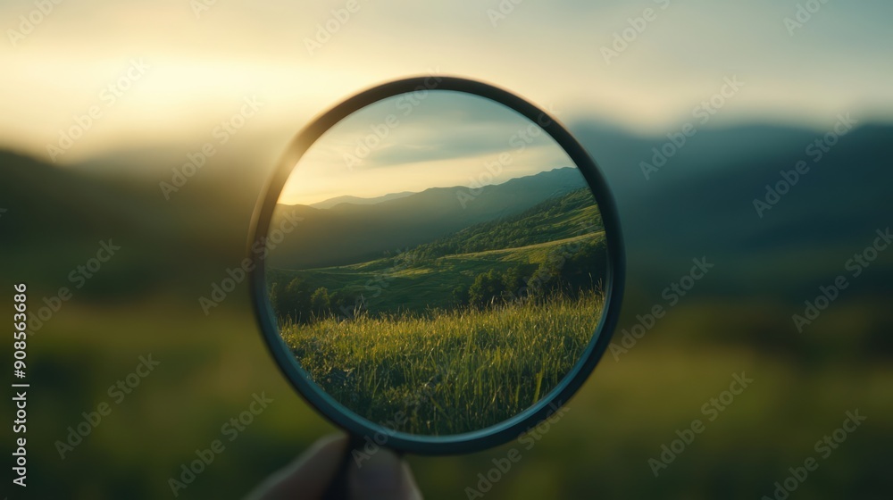 Fototapeta premium Magnifying glass focused on a beautiful sunset over a green field and mountains.