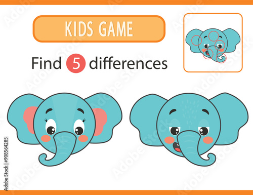 Funny face circle kawaii elephant. Game find 5 differences between pictures. Printable sheet