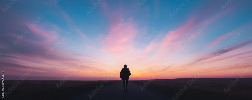 Silhouette of a person walking towards the colorful sunset. Silhouette of a person walking towards the colorful sunset.
