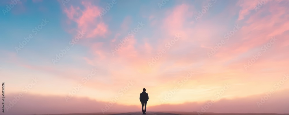 Fototapeta premium Silhouette of a person standing in a field with a beautiful pink and orange sunset sky.