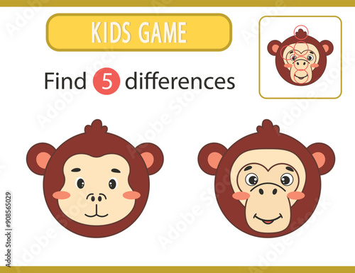 Game for children. Find differences. Chimpanzee face. Vector illustration