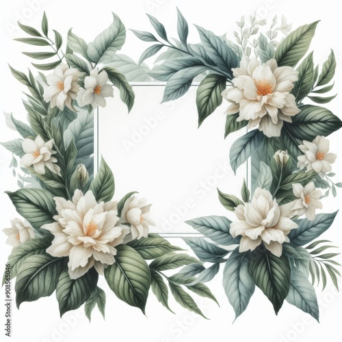 Elegant floral wreath with white magnolias and lush greenery, perfect for invitations.