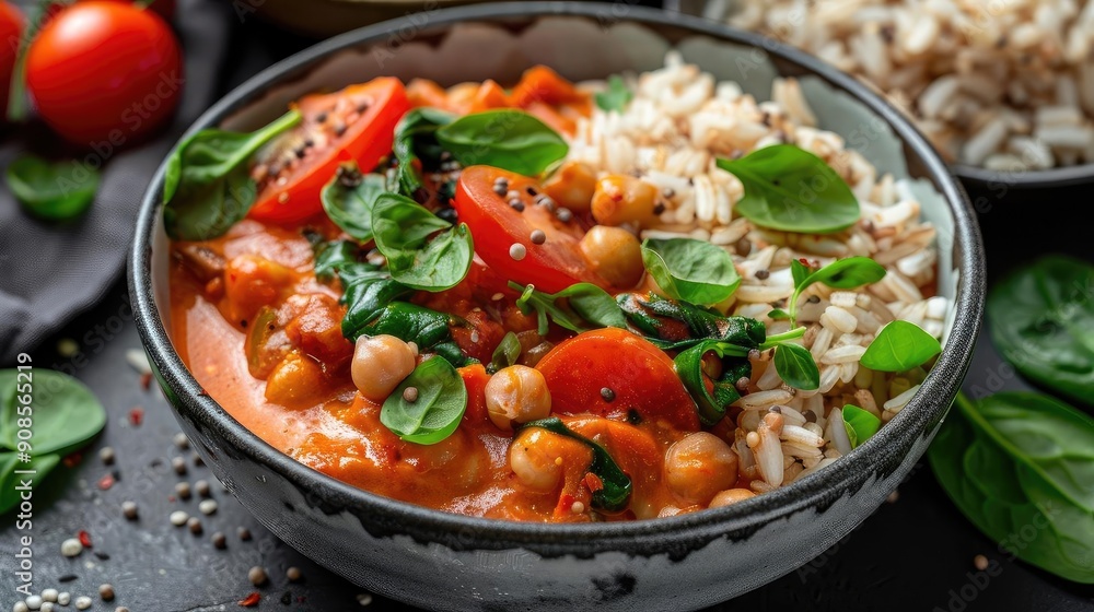 Delicious chickpea curry served with rice, garnished with fresh spinach and tomatoes, showcasing vibrant colors and textures. Delicious chickpea curry served with rice, garnished with fresh spinach and tomatoes, showcasing vibrant colors and textures.