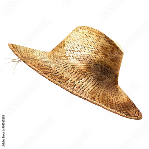Brown woven straw cowboy hat isolated on white background, summer relaxation