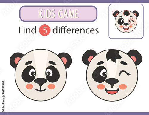 Find 5 the differences game for children. Cute kawaii panda. Printable sheet