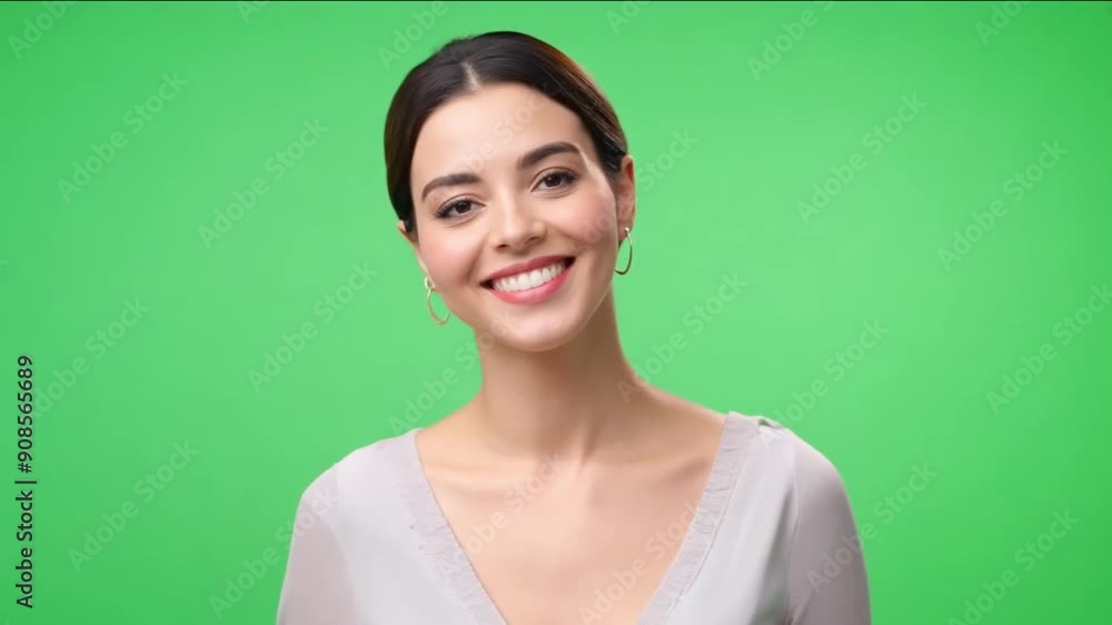 Happy woman with a bright smile on a green screen background. Perfect for lifestyle, beauty, and positivity. Happy woman with a bright smile on a green screen background. Perfect for lifestyle, beauty, and positivity.