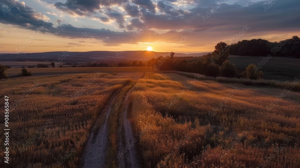 Naklejka premium A sun is setting over a field of tall grass