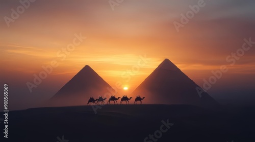 Silhouettes of camels walking in front of the Great Pyramids of Giza at sunset.