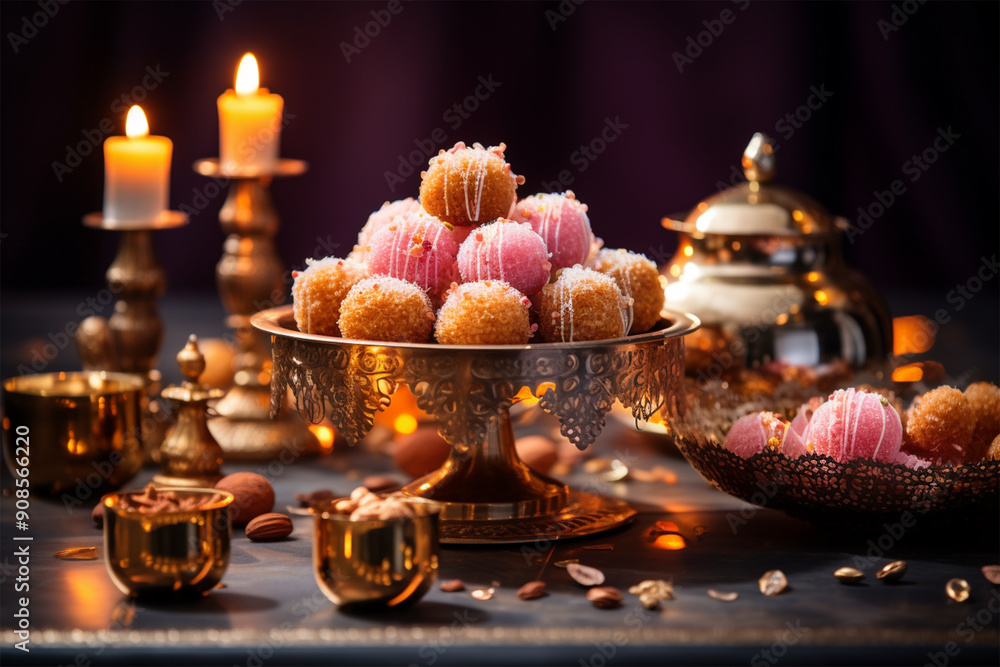Indian Asian traditional sweet dish LADU on table with delegant decoration Indian Asian traditional sweet dish LADU on table with delegant decoration