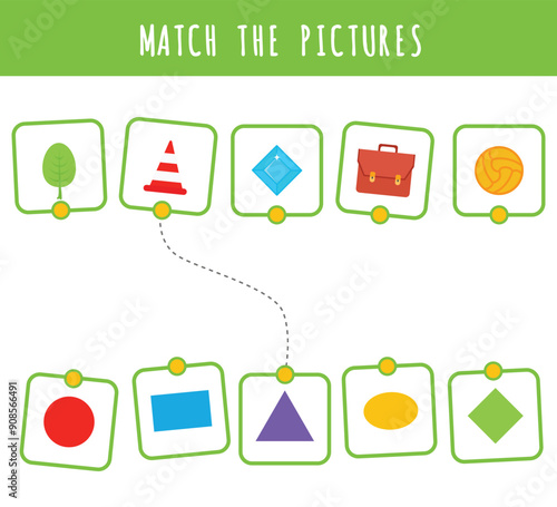 Educational game for children. Find the correspondence between the geometric figure and the object in shape. Activities for children to develop logic and attention