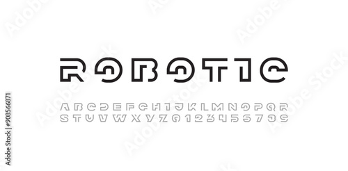 Modern font alphabet from segment line, minimal technology style letters A, B, C, D, E, F, G, H, I, J, K, L, M, N, O, P, Q, R, S, T, U, V, W, X, Y, Z and numerals 0, 1, 2, 3, 4, 5, 6, 7, 8, 9