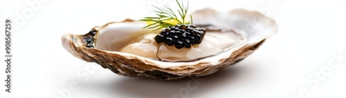 Fresh oyster topped with black caviar and garnished with dill. photo