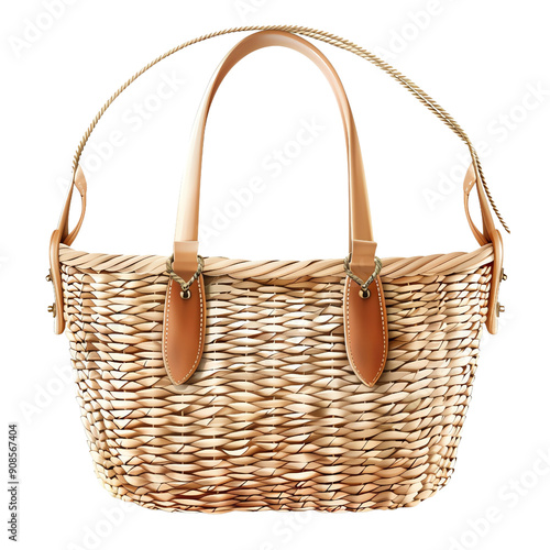 Empty brown wicker basket with wooden handle, isolated on white background
