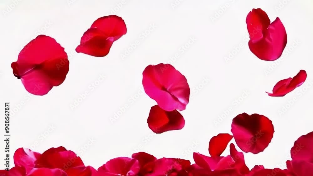 Red flower petals gracefully fall against a soft white background, evoking themes of beauty, love, and tranquility Red flower petals gracefully fall against a soft white background, evoking themes of beauty, love, and tranquility