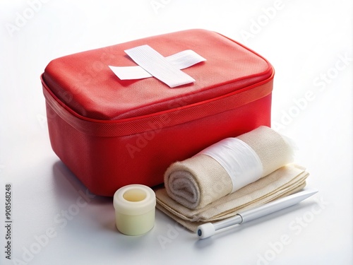 Compact, portable red first aid kit with white cross, containing bandages, gauze, antiseptic wipes, and other medical supplies for emergency situations. photo