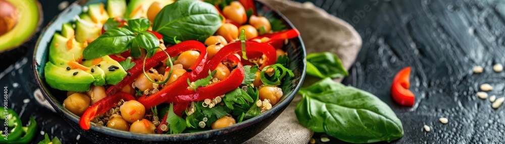 Fresh chickpea salad with vibrant vegetables, herbs, and spices, perfect for healthy meals and colorful presentations. Fresh chickpea salad with vibrant vegetables, herbs, and spices, perfect for healthy meals and colorful presentations.
